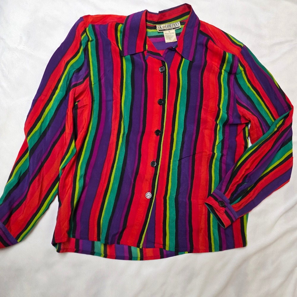 SK‎ & Company 100% Silk Blouse Petite 8 Colorful Rainbow Striped, GUC